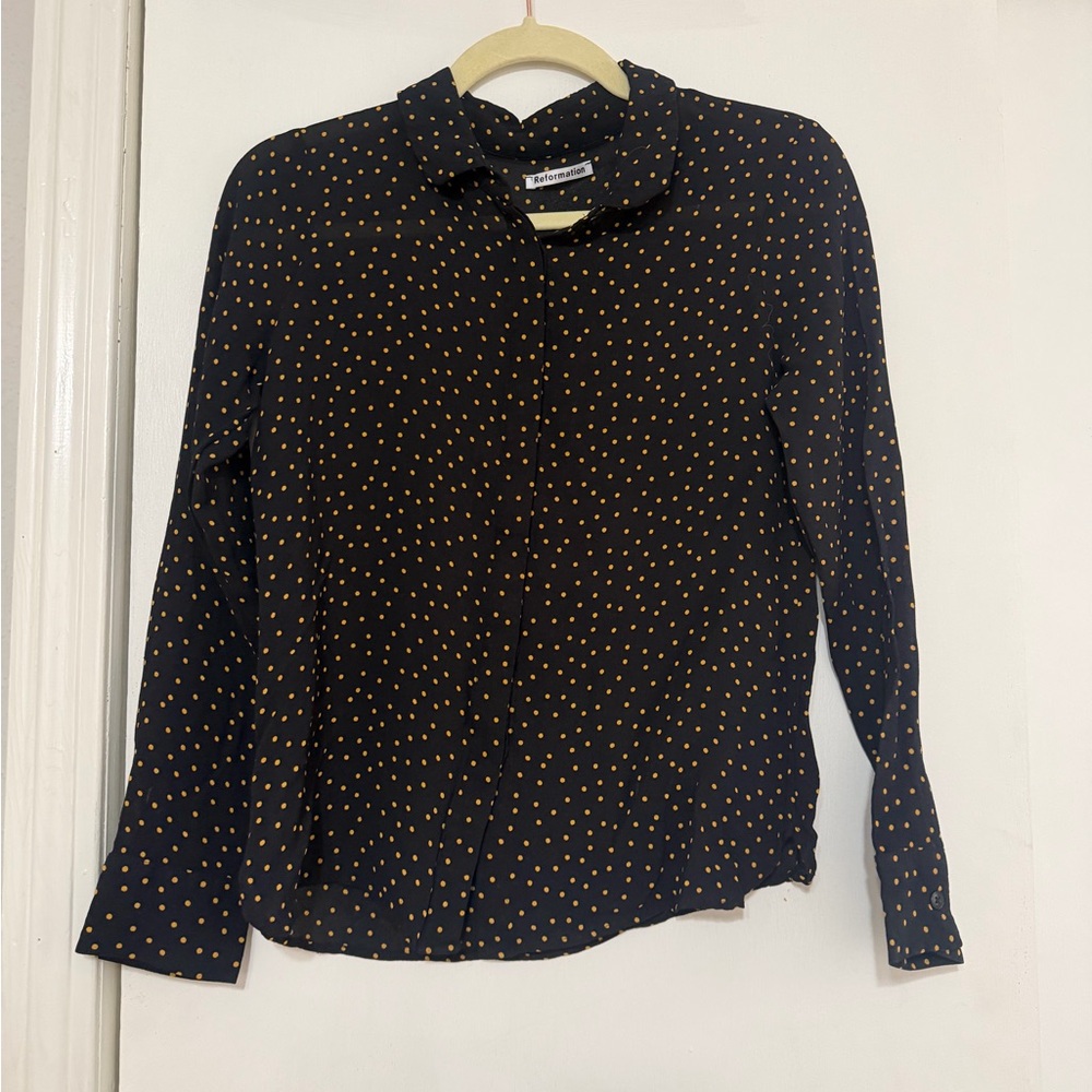 Reformation Black and Gold Polka Dot Button Down Shirt